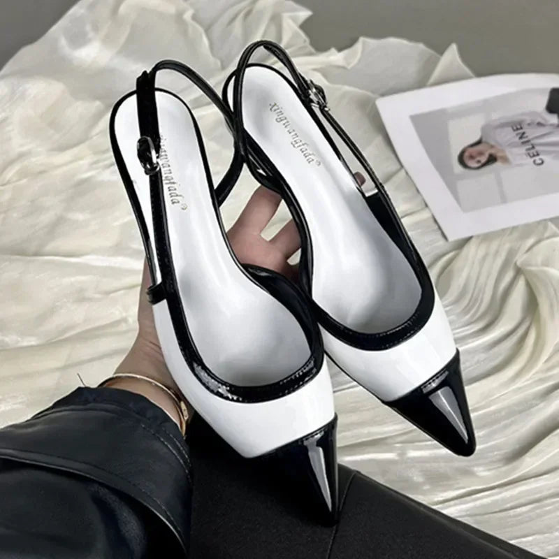 Designer Black White Mixed Color Low Heeled Sandals- Free worldwide shipping