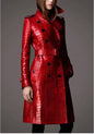 Lautaro Autumn Long Red Crocodile Print Leather Trench Coat for Women Belt Double Breasted Elegant British