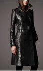 Lautaro Autumn Long Red Crocodile Print Leather Trench Coat for Women Belt Double Breasted Elegant British