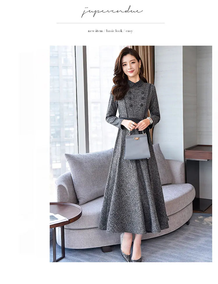 Spring  New Arrival Elegant Peter Pan Collar  Solid Color Collect Waist  Long Sleeve Woman  Long Dress- free worldwide shipping