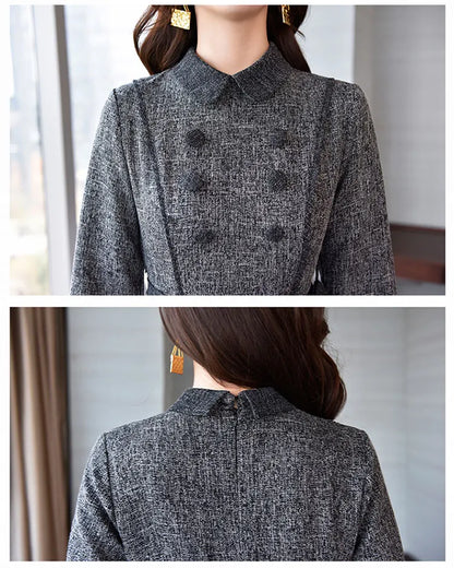 Spring  New Arrival Elegant Peter Pan Collar  Solid Color Collect Waist  Long Sleeve Woman  Long Dress- free worldwide shipping