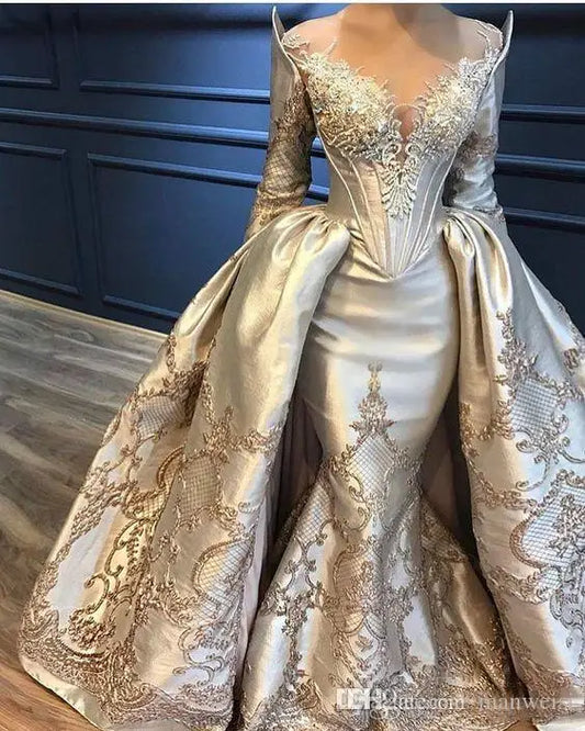Mermaid Overskirts Prom Dresses Long Sleeve Lace Appliqued Beads Evening Dresses With Detachable Train Yousef Aljasmi Party Gown