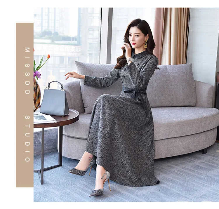 Spring  New Arrival Elegant Peter Pan Collar  Solid Color Collect Waist  Long Sleeve Woman  Long Dress- free worldwide shipping