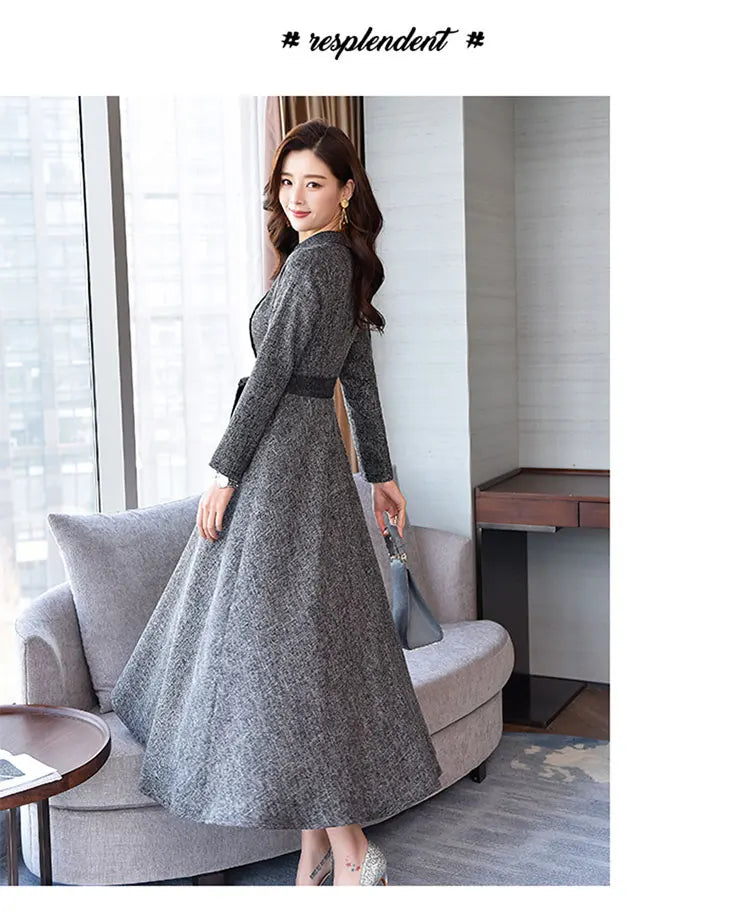 Spring  New Arrival Elegant Peter Pan Collar  Solid Color Collect Waist  Long Sleeve Woman  Long Dress- free worldwide shipping