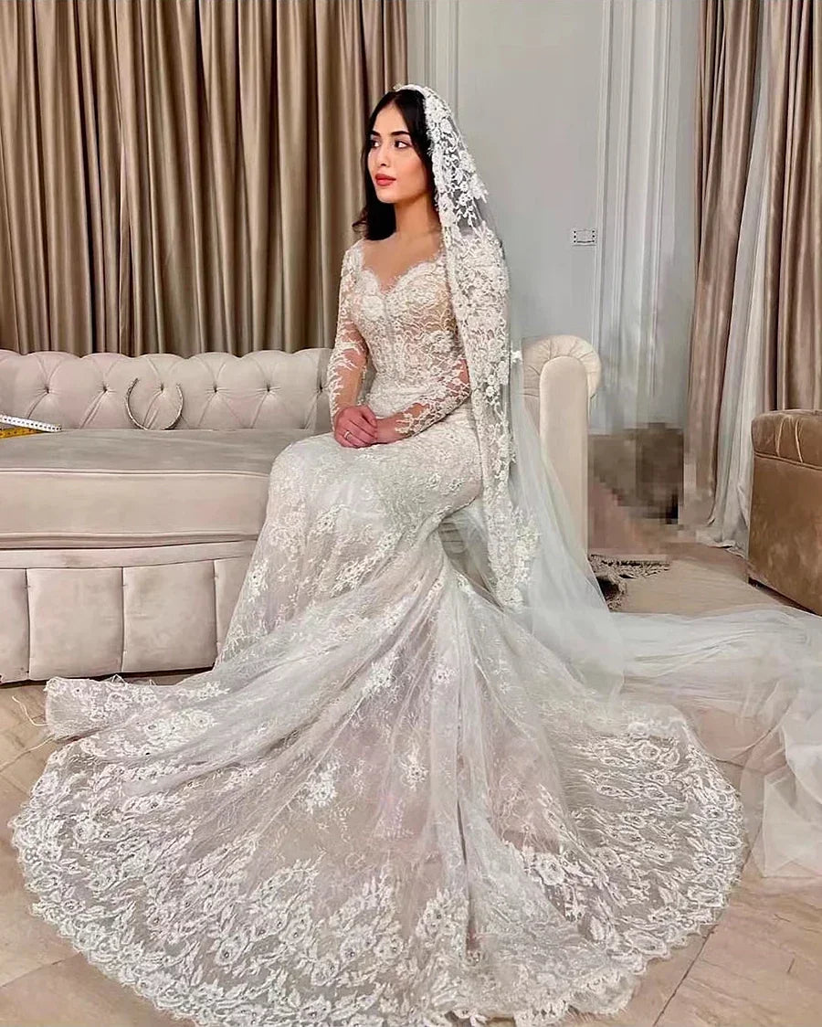 Customized Luxury Mermaid Wedding Dresses Detachable Train Romantic Lace Long Sleeve Bride Dresses- Free worldwide shipping