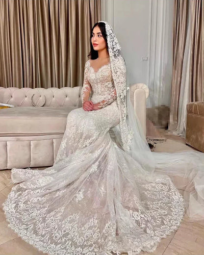 Customized Luxury Mermaid Wedding Dresses Detachable Train Romantic Lace Long Sleeve Bride Dresses- Free worldwide shipping