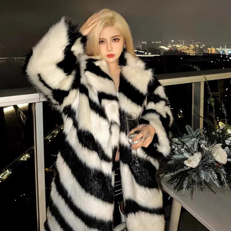 Ladies Spice sexy zebra fur coat fox fur mid-length coat temperament winter thick - free shipping worldwide