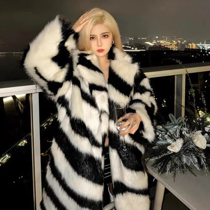 Ladies Spice sexy zebra fur coat fox fur mid-length coat temperament winter thick - free shipping worldwide