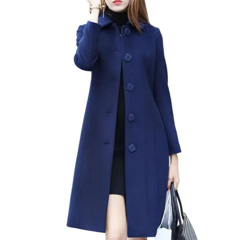 Elegant Soft Women Coat Mid-Length Single-Breasted Turn-down Collar Cardigan- free worldwide shipping