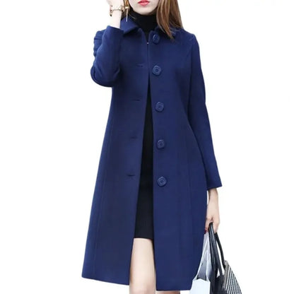 Elegant Soft Women Coat Mid-Length Single-Breasted Turn-down Collar Cardigan- free worldwide shipping