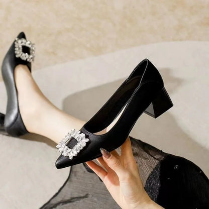 Women's Elegant Black Mid Block Heels Pumps with Crystal Rhinestone- Free Worldwide Shipping