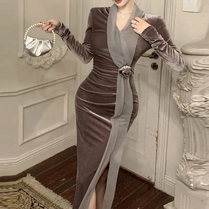 Women Vintage Velvet 3D Flower Ruched Sexy Split Elegant Party Dresses- Free worldwide shipping