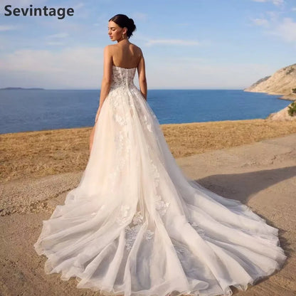 A Line Wedding Dress Sweetheart Sexy Slit Court Train Bridal Gown Elegant Wedding Party Dress Customized-free shipping worldwide