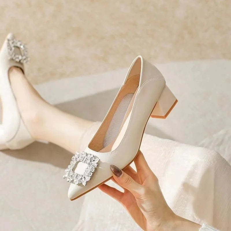 Women's Elegant Black Mid Block Heels Pumps with Crystal Rhinestone- Free Worldwide Shipping