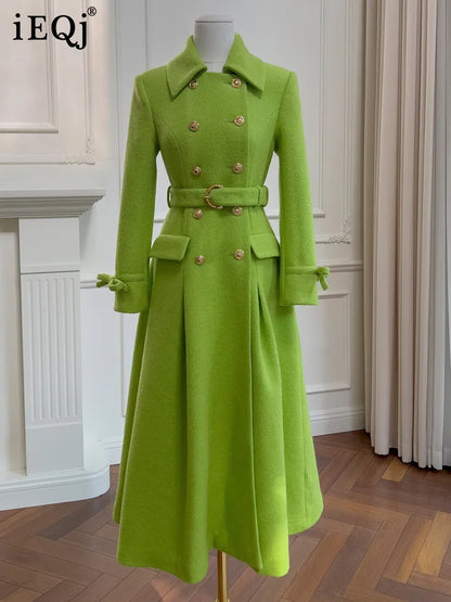 Winter Green Woolen Coat Women Turn Down Collar Long Sleeves Double Breasted - Free worldwide shipping