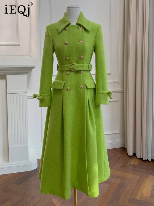Winter Green Woolen Coat Women Turn Down Collar Long Sleeves Double Breasted - Free worldwide shipping
