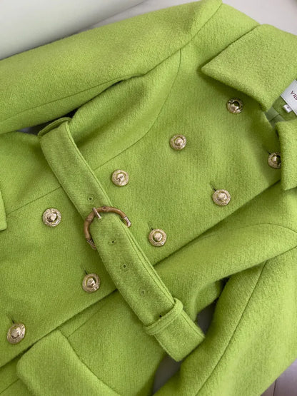 Winter Green Woolen Coat Women Turn Down Collar Long Sleeves Double Breasted - Free worldwide shipping