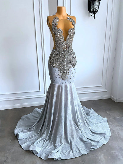 Women Silver Long Mermaid Prom Dresses 2025 Sexy Sheer Mesh Luxury Sparkly Handmade Diamond Black Girl Prom Formal Gala Gowns- free worldwide shipping