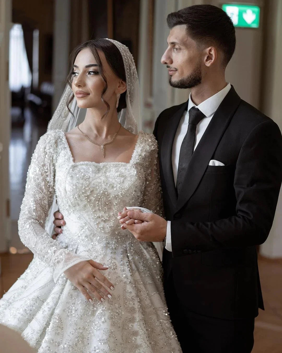 Luxury Beaded Wedding Dresses Sequins Square Neck Bridal Ball- Gowns Pearls Long Sleeves -Free worldwide shipping