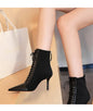 Fashion Women Elegant Black Cross Straps Thin High Heel Silk Boots Short Lace Up Ankle Boots Winter Pointed Toe Cowboy Shoes