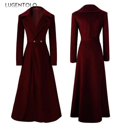 Women Elegant Trench Coat Autumn Winter Slim Lapel Long Sleeve Female Temperament Solid Button Beautiful Velvet Clothing- free worldwide shipping