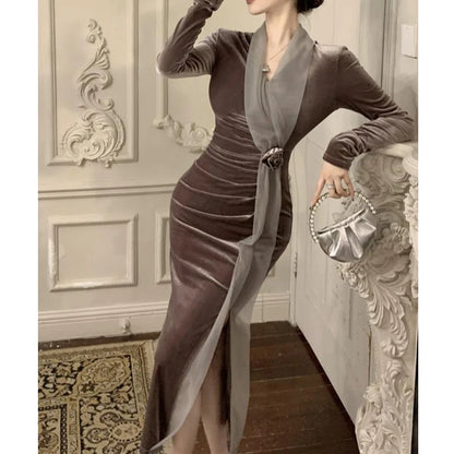 Women Vintage Velvet 3D Flower Ruched Sexy Split Elegant Party Dresses- Free worldwide shipping