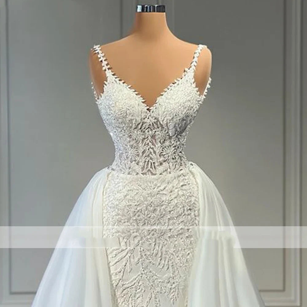 Flavinke Customized V Neck Mermaid Lace Wedding Dresses Sleeveless Illusion Beaded Satin Bridal Gowns with Detachable Train- free worldwide shipping