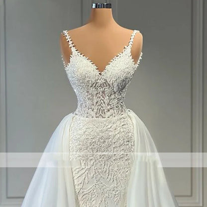 Flavinke Customized V Neck Mermaid Lace Wedding Dresses Sleeveless Illusion Beaded Satin Bridal Gowns with Detachable Train- free worldwide shipping