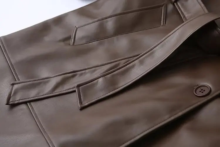 Over Coat With Belt Long style Single Breasted Faux Leather Coat -Free worldwide shipping