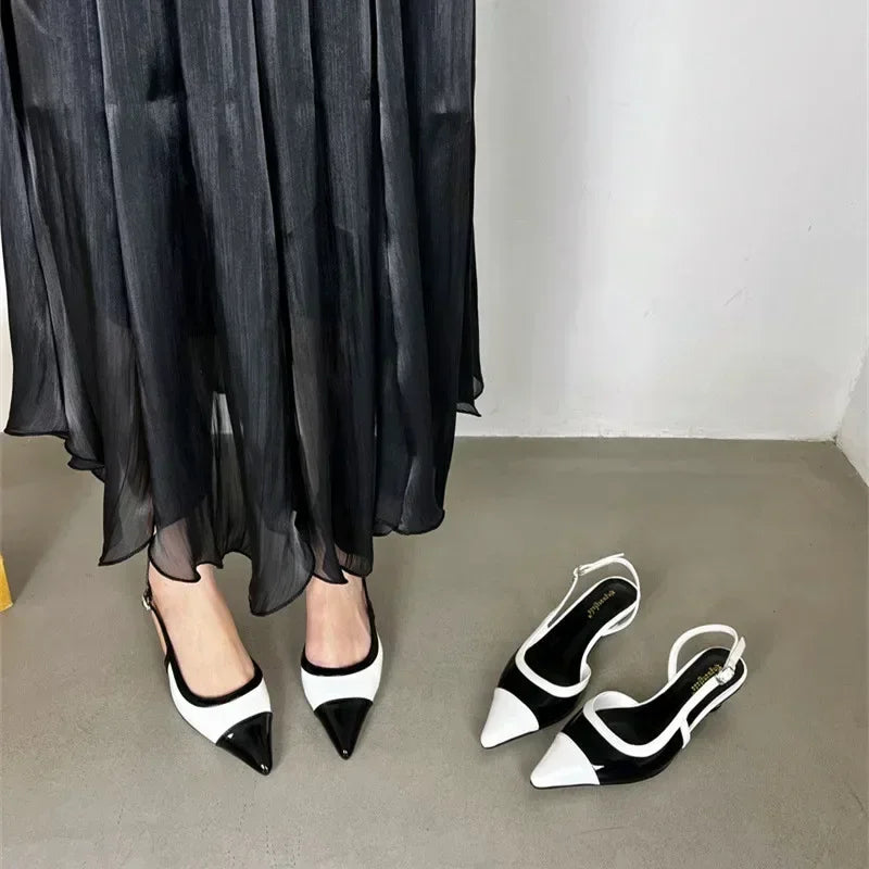 Designer Black White Mixed Color Low Heeled Sandals- Free worldwide shipping