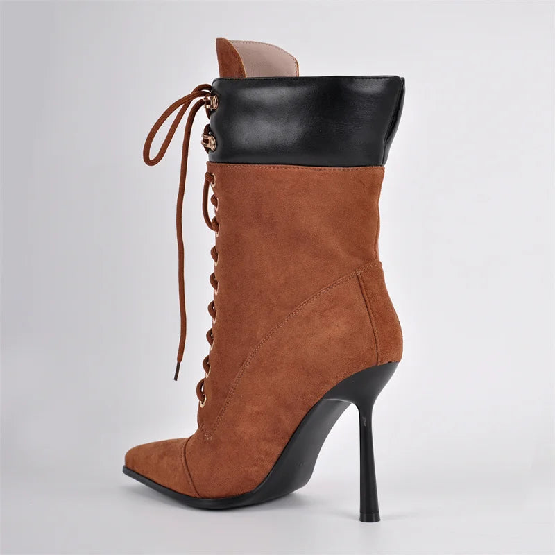 Pointed Toe Lace Up Mid-Calf Stiletto High Heel Boots Fashion
