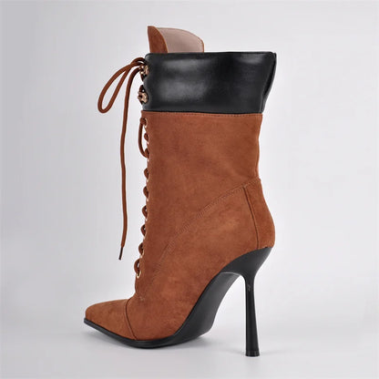 Pointed Toe Lace Up Mid-Calf Stiletto High Heel Boots Fashion