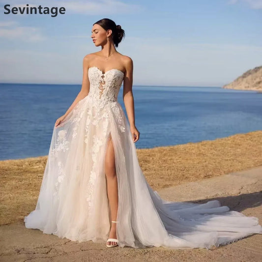 A Line Wedding Dress Sweetheart Sexy Slit Court Train Bridal Gown Elegant Wedding Party Dress Customized-free shipping worldwide