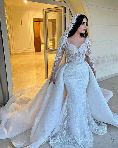 Customized Luxury Mermaid Wedding Dresses Detachable Train Romantic Lace Long Sleeve Bride Dresses- Free worldwide shipping