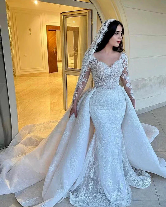 Customized Luxury Mermaid Wedding Dresses Detachable Train Romantic Lace Long Sleeve Bride Dresses- Free worldwide shipping