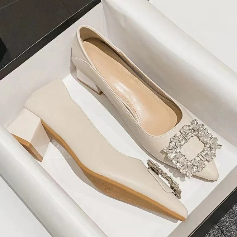 Women's Elegant Black Mid Block Heels Pumps with Crystal Rhinestone- Free Worldwide Shipping