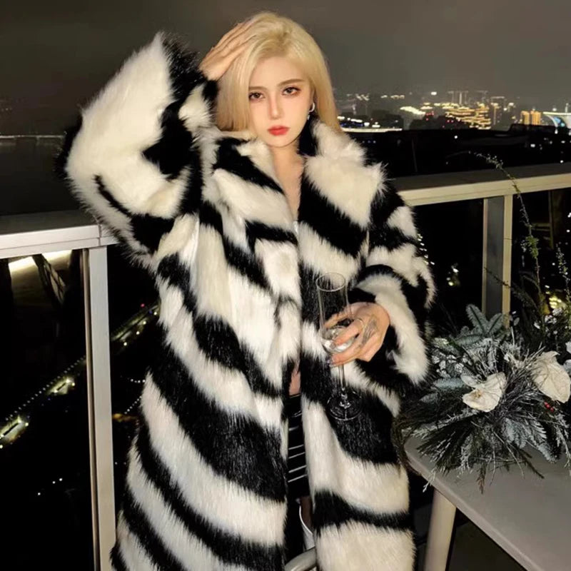 Ladies Spice sexy zebra fur coat fox fur mid-length coat temperament winter thick - free shipping worldwide