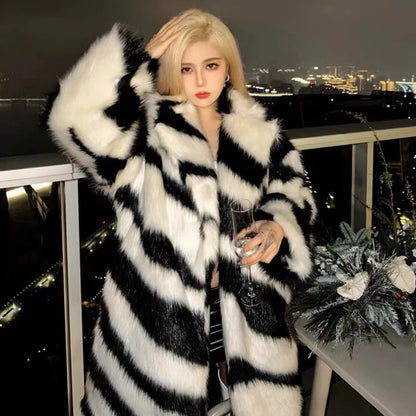 Ladies Spice sexy zebra fur coat fox fur mid-length coat temperament winter thick - free shipping worldwide