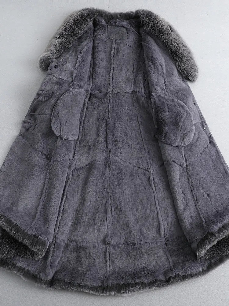 Special clearance sale: Haining fur coat, genuine fur one-piece jacket, women's mid-length, knee-length fox fur collar, rabbit fur inner