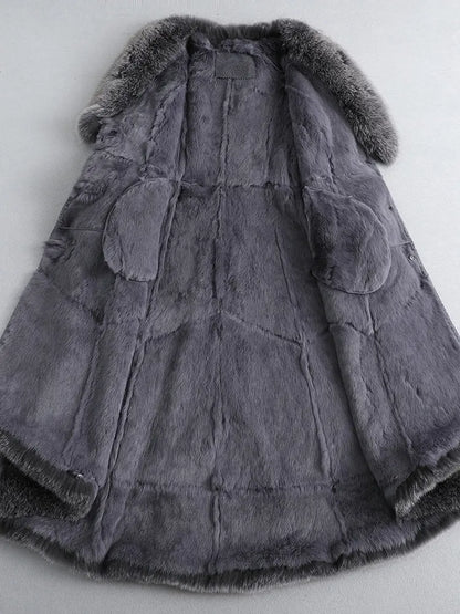 Special clearance sale: Haining fur coat, genuine fur one-piece jacket, women's mid-length, knee-length fox fur collar, rabbit fur inner