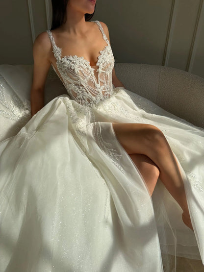 Wedding Dress Elegant Slit Appliques 3d Flowers Sweetheart Shiny Princess Bridal Dress Sequins Customized  Party Gown-Free worldwide shipping