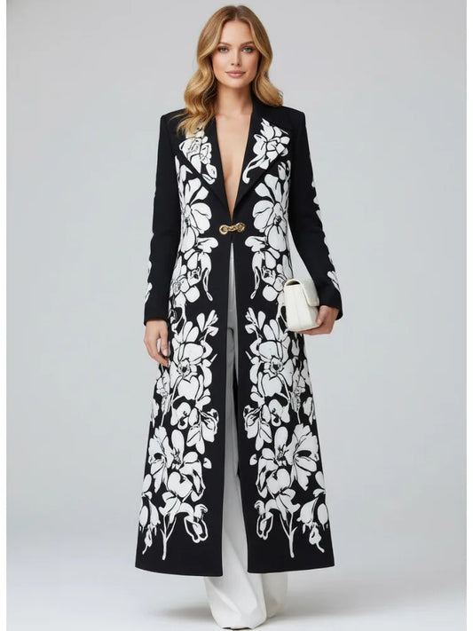 Freeacy Women's Contrast Color Printed Long Trench Coat Notched