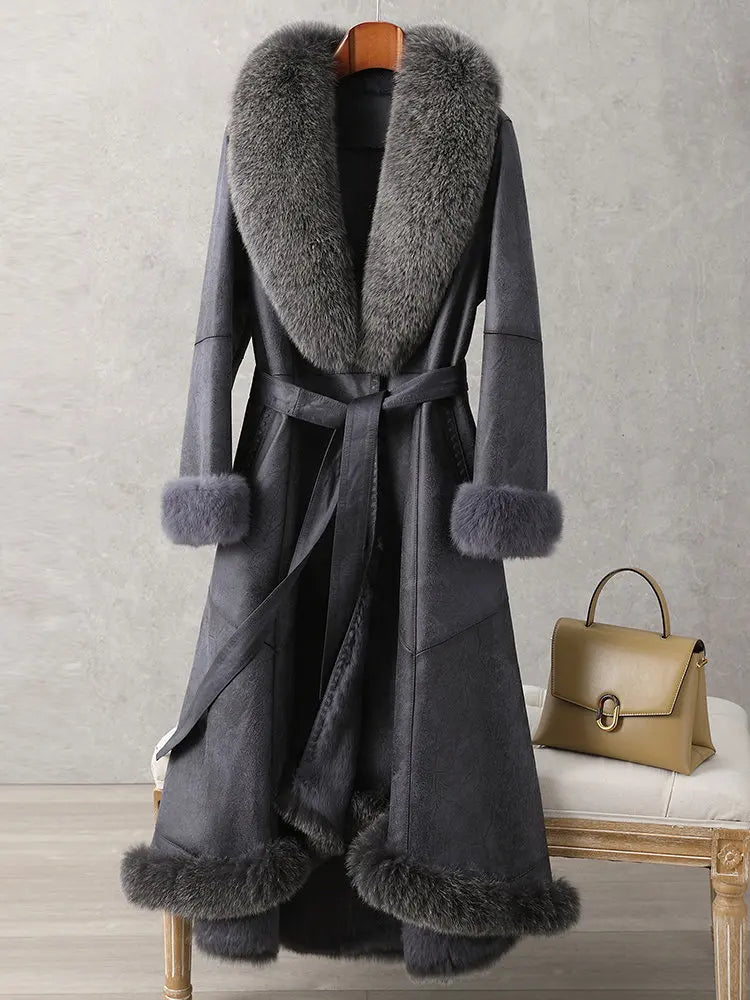 Special clearance sale: Haining fur coat, genuine fur one-piece jacket, women's mid-length, knee-length fox fur collar, rabbit fur inner