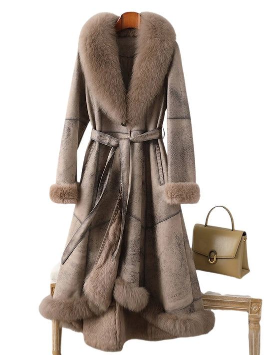 Special clearance sale: Haining fur coat, genuine fur one-piece jacket, women's mid-length, knee-length fox fur collar, rabbit fur inner