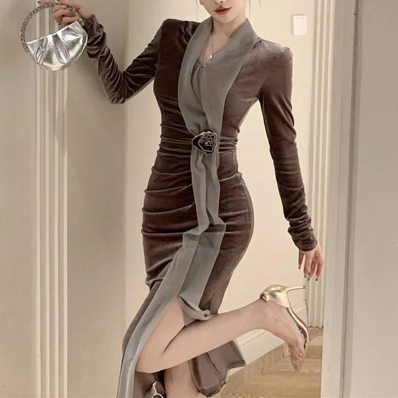 Women Vintage Velvet 3D Flower Ruched Sexy Split Elegant Party Dresses- Free worldwide shipping