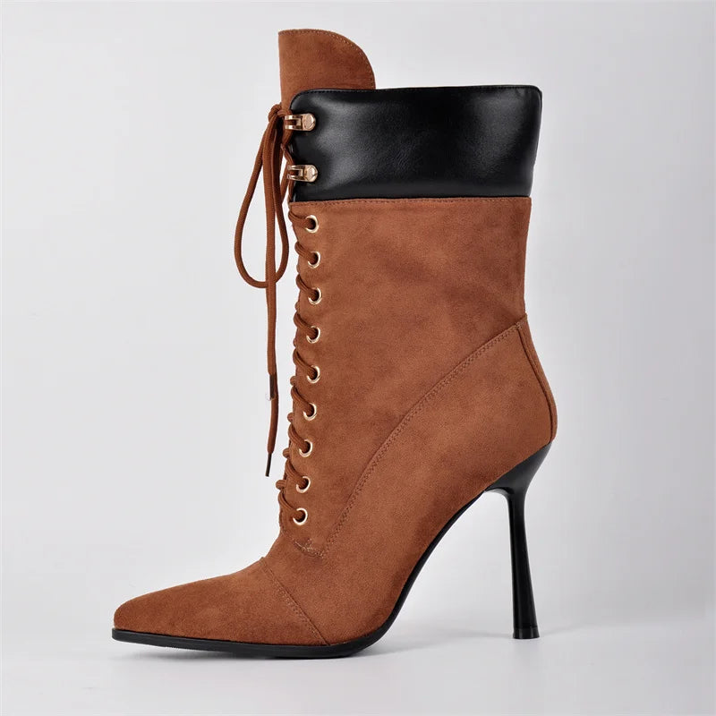 Pointed Toe Lace Up Mid-Calf Stiletto High Heel Boots Fashion