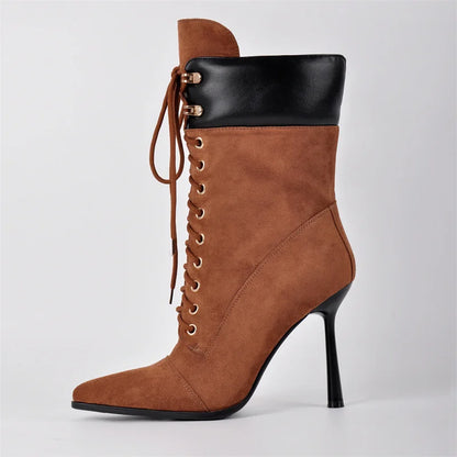 Pointed Toe Lace Up Mid-Calf Stiletto High Heel Boots Fashion