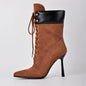 Pointed Toe Lace Up Mid-Calf Stiletto High Heel Boots Fashion