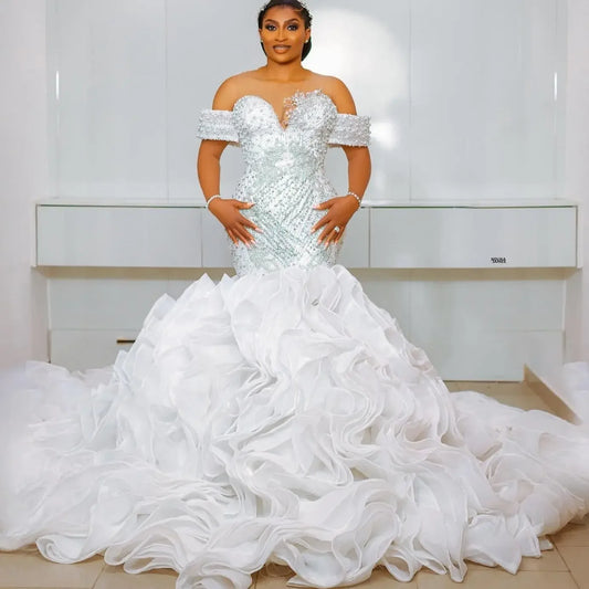 Plus Size Ivory Illusion Mermaid Wedding Dresses Luxurious Tiers Crystals Beaded Lace Vintage Bridal Gown - Shipping Free Worldwide