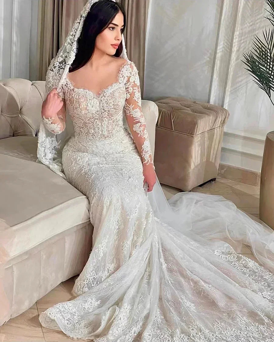 Customized Luxury Mermaid Wedding Dresses Detachable Train Romantic Lace Long Sleeve Bride Dresses- Free worldwide shipping